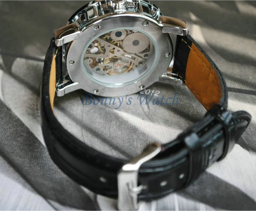 Fashion Winner Black Leather Band Stainless Steel Skeleton Mechanical Watch For Man Gold Mechanical Wrist Watch Luxury Brand Mechanical Watch