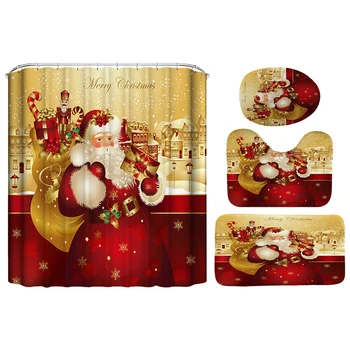 

4Pcs Christmas Shower Curtain Bathroom Anti-Slip Carpet Rug Toilet Cover Mat Set