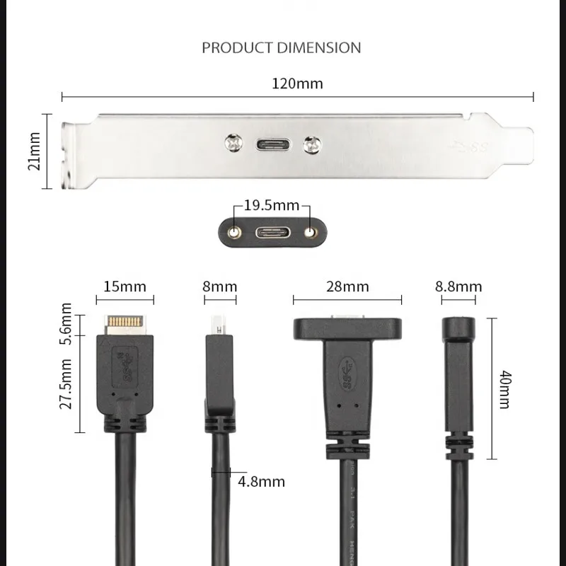 Крепление на панель 10 Гбит/с USB 3,1 Gen 2 ключ A 20 pin штекер для usb type C женский кабель 0,5 м