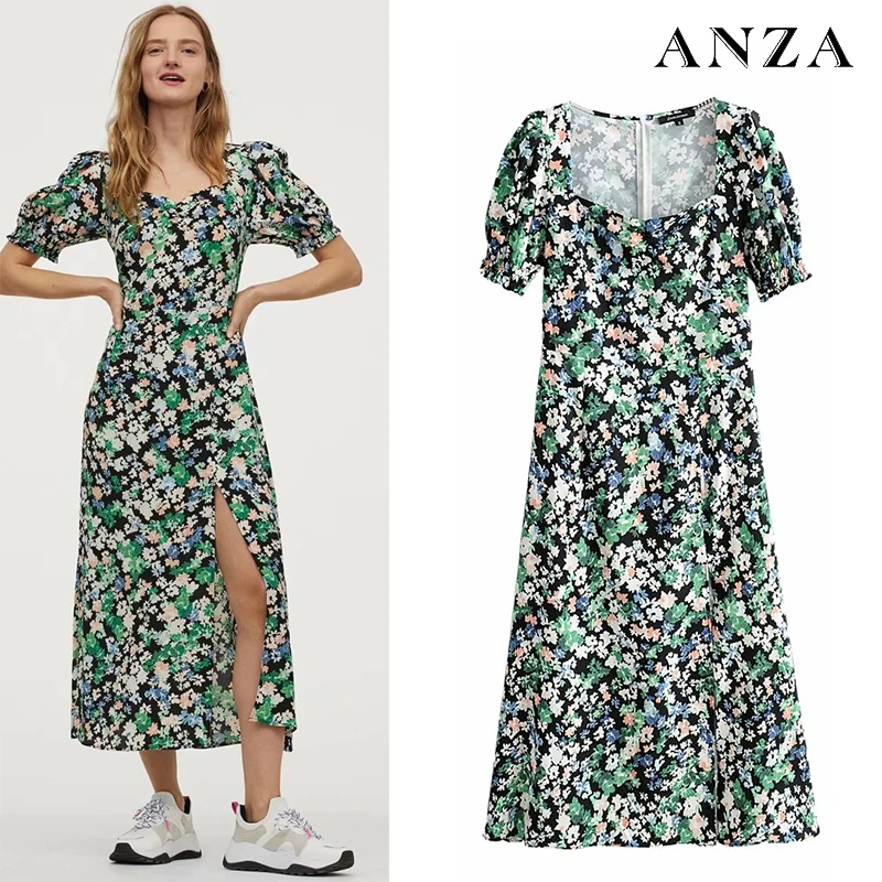 Women Summer Mididress 2020 New Fashion with Square Collar Floral Print Short Sleeve Shirtdress Femme Bohe Holidy Long Dress | Женская