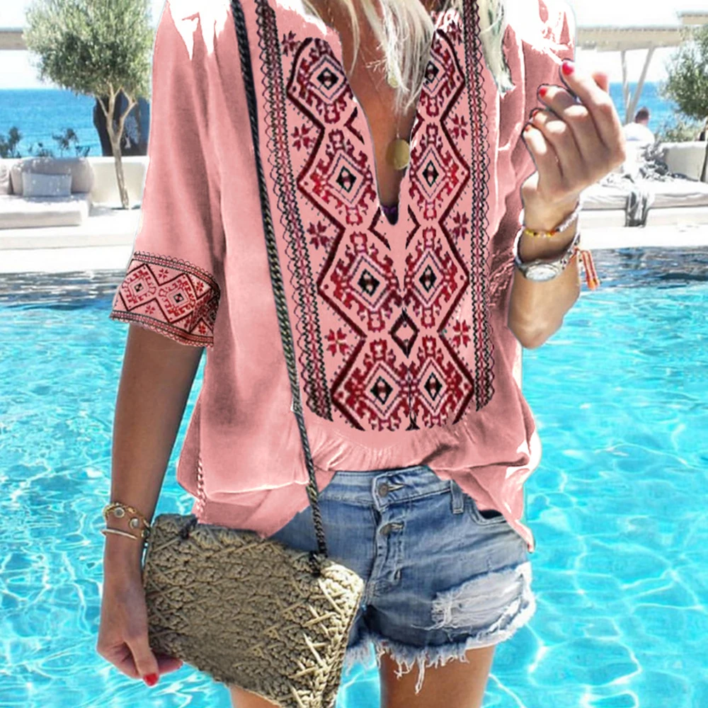 

SHUJIN 2019 Women Ethnic Style Blouse Summer New Sexy V Neck Beach Blusas Fashion Casual Printed Bohemian Shirts Plus Size Tops