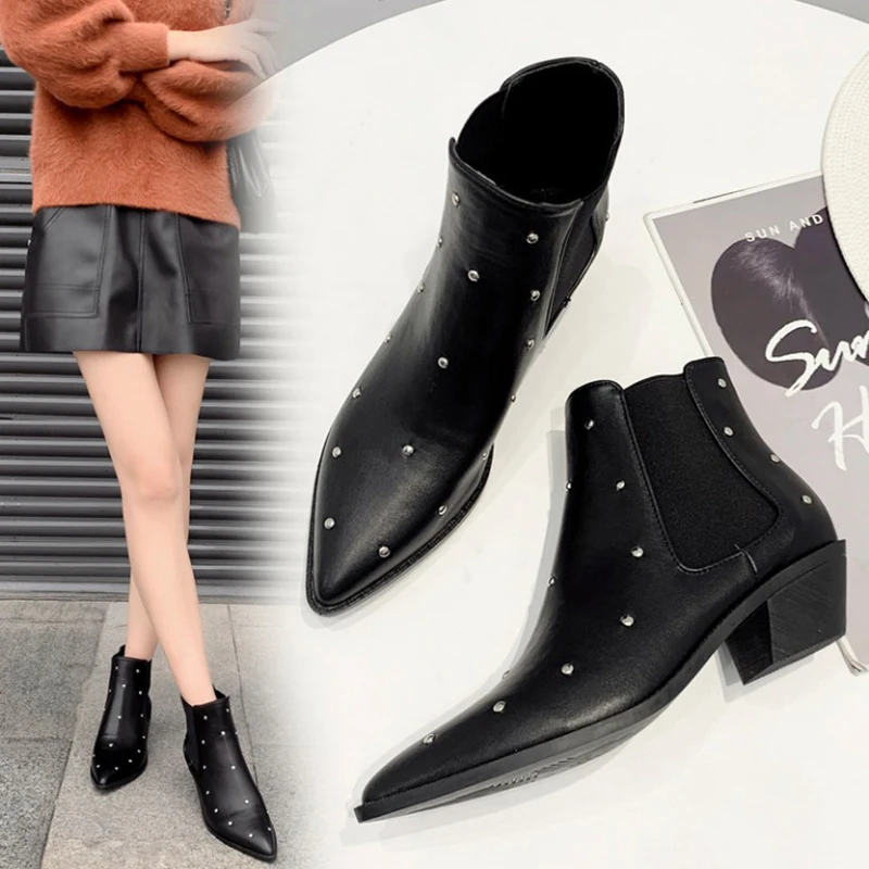 

pointed toe studded chunky retro women boots stretch fabric patchwork slip-on chelsea booties autumn winter single botines shoes