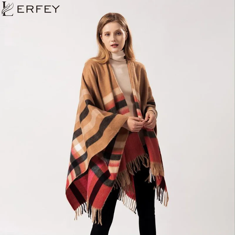 

LERFEY Autumn Winter Plus Size Warm Striped Ponchos And Capes For Women Oversized Shawls Wraps Cashmere Pashmina Female Bufanda