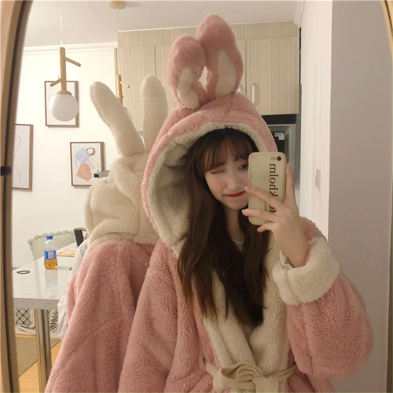 

2020 Autumn Winter Thick Fluffy Flannel Sleepwear Sweet Japanese Style Rabbit Ear Hooded Pajamas Leisure Wear Two Pieces Set