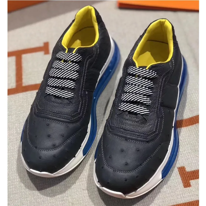 

Unisex Style Authentic Ostrich Skin Deep Blue Soft H-sole Male Sneakers Exotic Genuine Leather Men's Casual Lace-up Tan Shoes