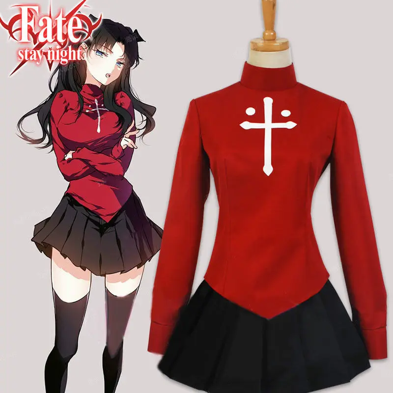

Fate Stay Night Cosplay Costume Tohsaka Rin Cosplay Red Top Black Skirt Adult Halloween Costume Masquerade Ball Stage Costume