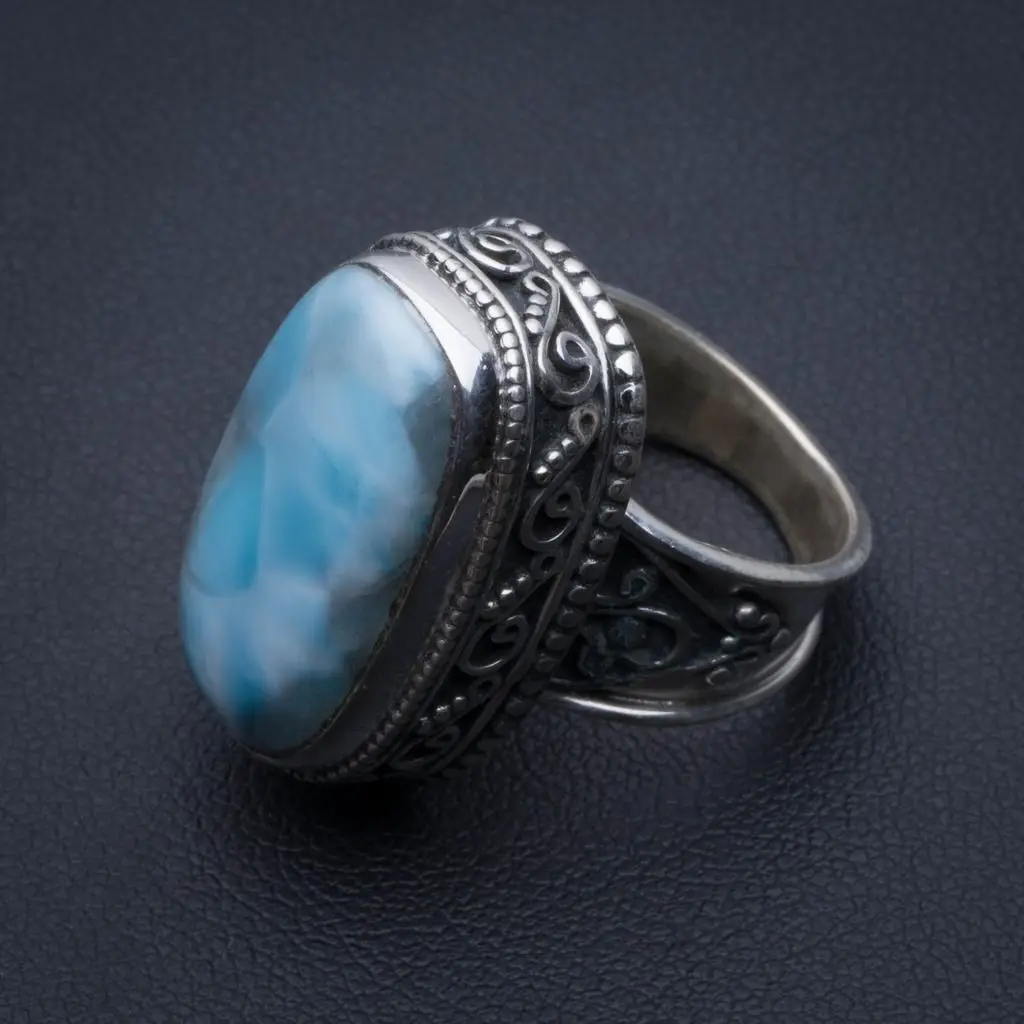 Натуральное Caribbean Larimar винтажное 925 пробы Серебряное кольцо, размер США 6 R3383
