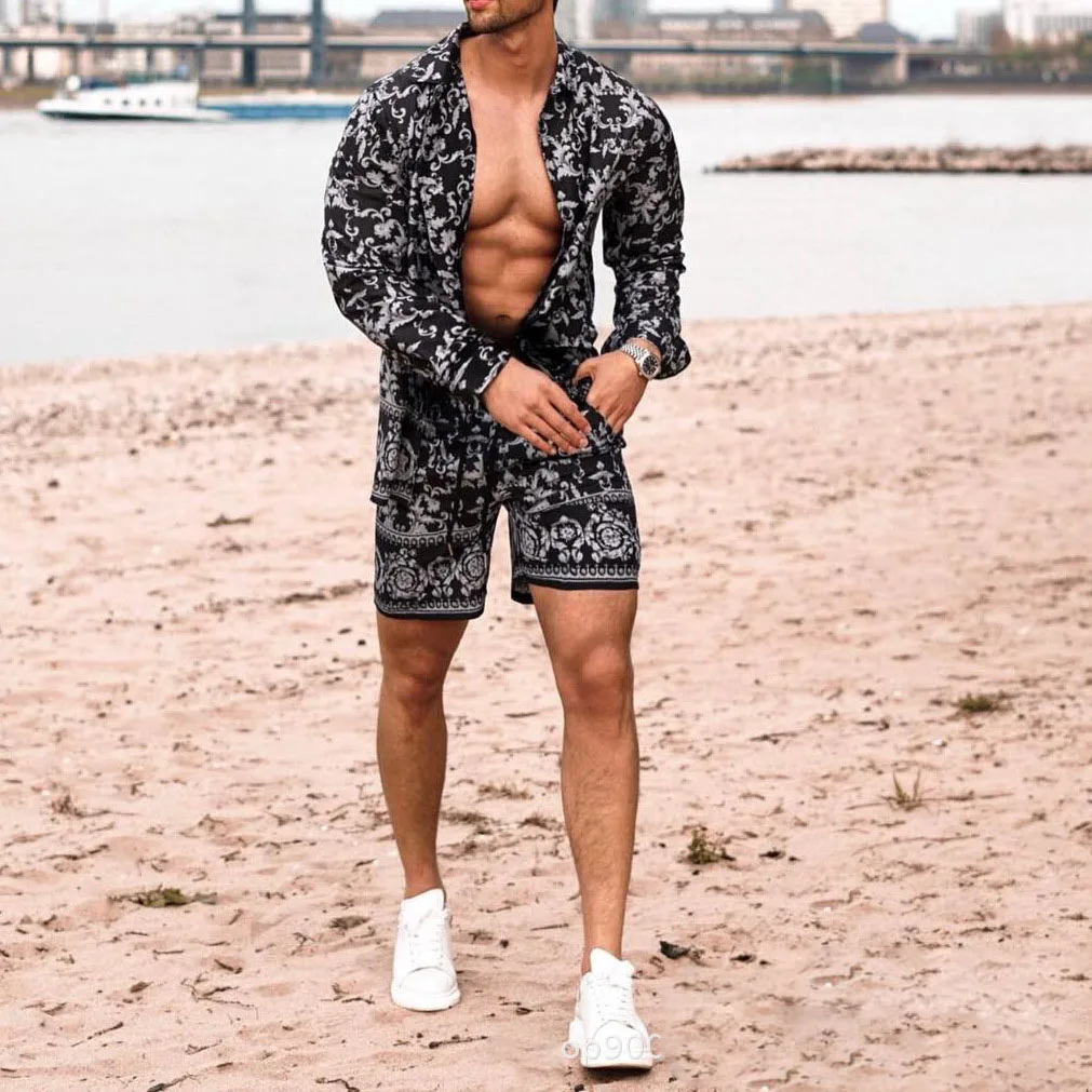 Fashion Men Sets Summer 2021 Lapel Print Long Sleeve Shirts Short Pants Casual Youth Slim Men's Beach Suit Trend Mens Clothing 2021 temperament commuter women s autumn new double breasted deep v slim and thin temperament suit long sleeved jacket women