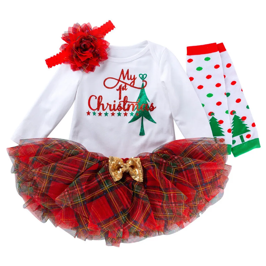 Рождественские наряды для новорожденных комплект одежды для маленьких девочек из 4 предметов с надписью «my first Christmas Day», комбинезон, топы, платье-пачка повязка на голову, костюмы