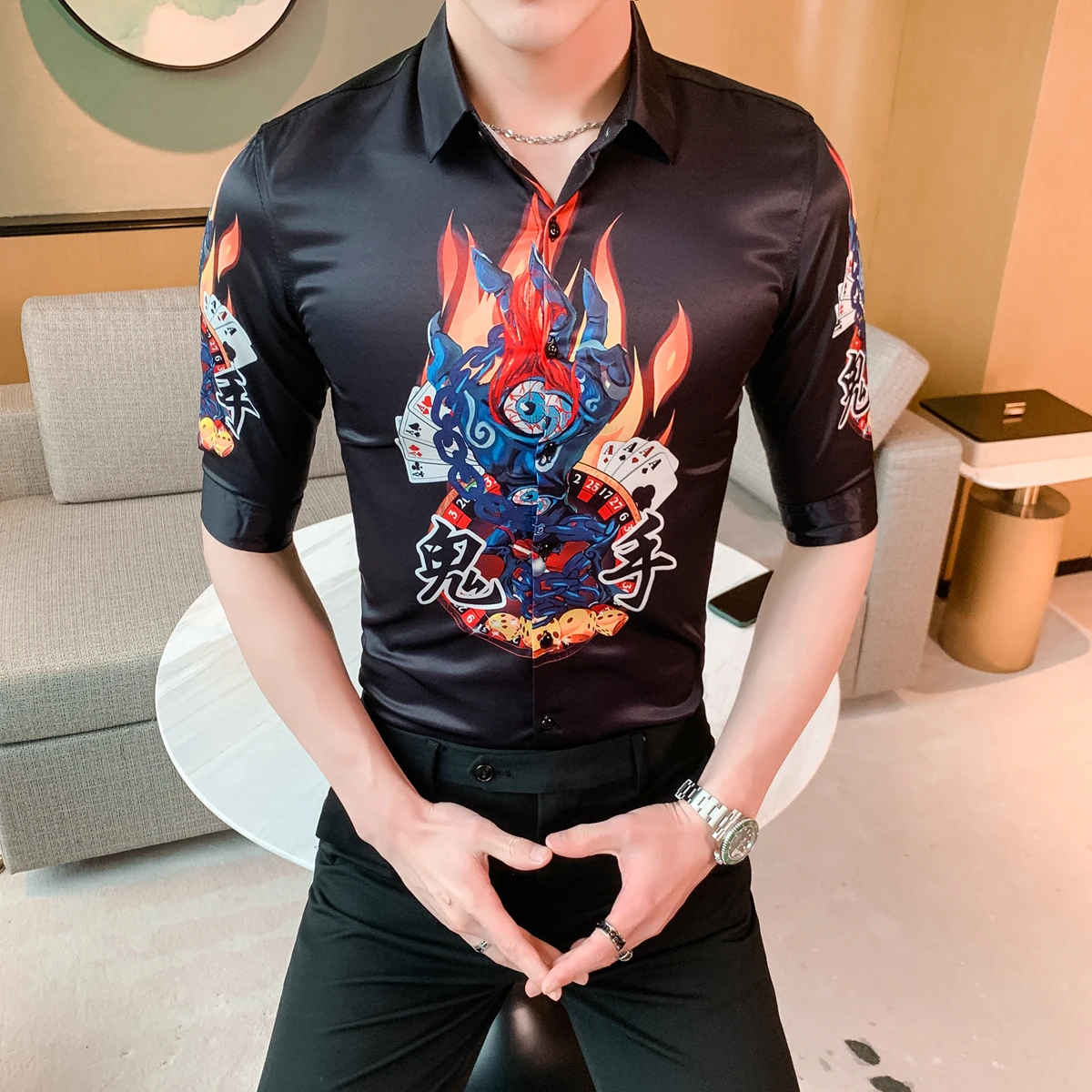 

Роскошная мужская рубашка с принтом 2020, Повседневная облегающая Классическая рубашка с коротким рукавом, уличная одежда, блузка для смокинга, рубашки, мужские рубашки