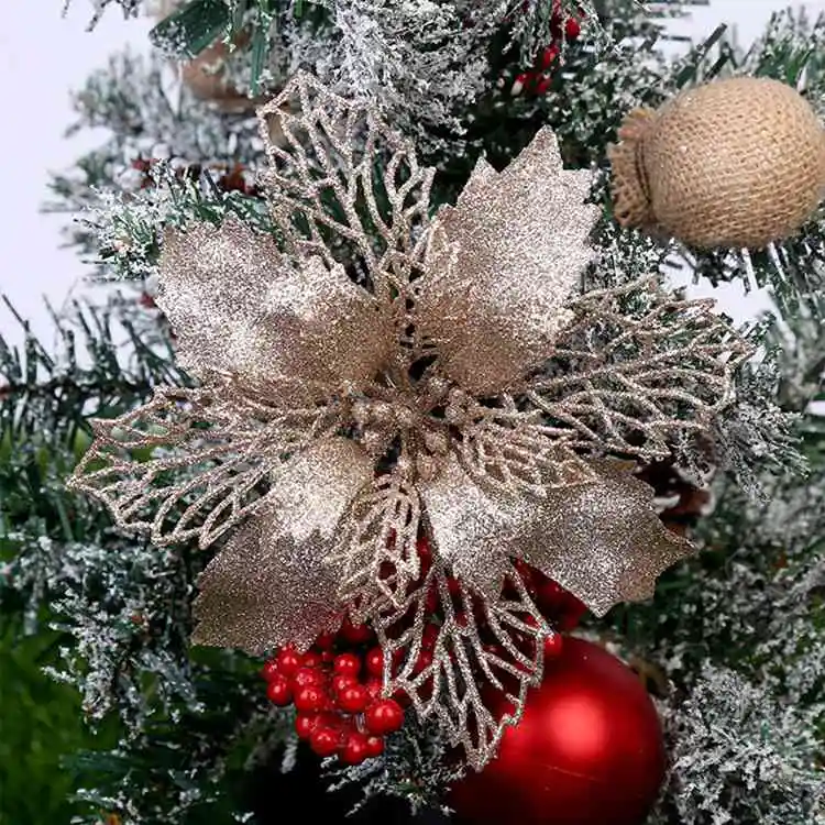 LAPHIL 10pcs Artificial Christmas Flowers Glitter Fake Flower Xmas Tree Ornaments Home Decorations Merry Christmas Party Gift - Цвет: 12