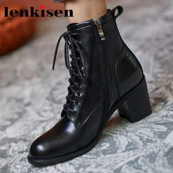 

Lenkisen plus size genuine leather round toe high heel cross-tied winter shoes young lady daily wear gladiator ankle boots L3f5
