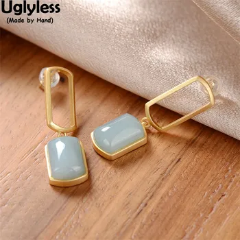

Uglyless Fashion Minimalism Hollow Square Earrings for Women Luxury Natural Emerald Studs Earrings Geometric 925 Silver Brincos
