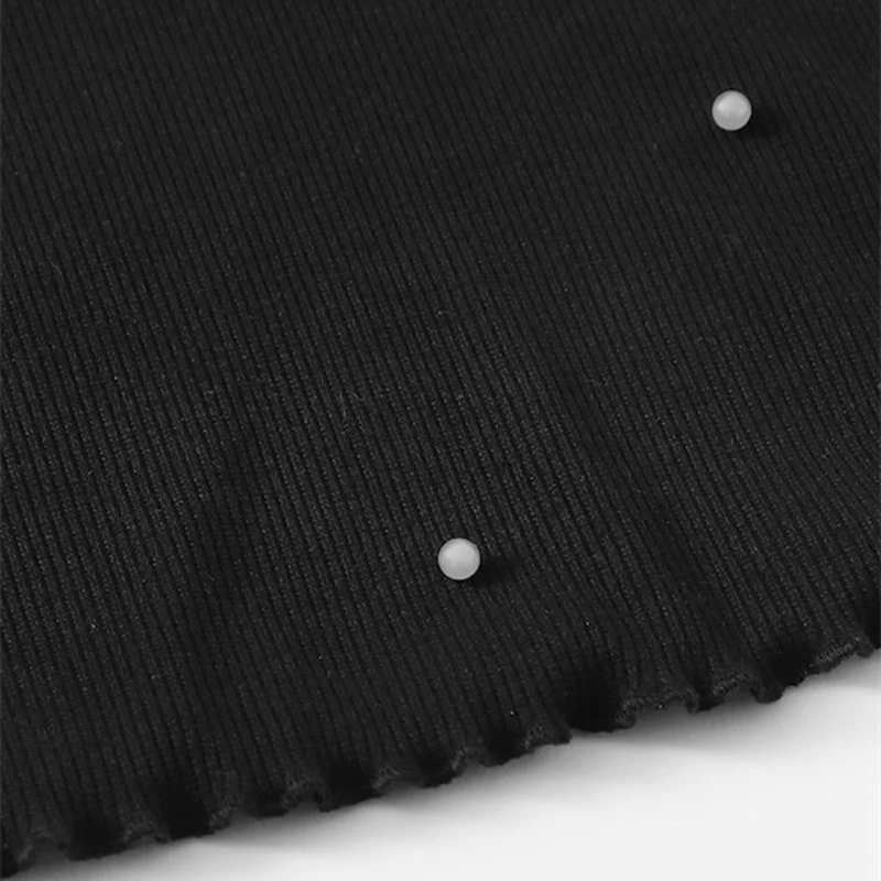 ROMWE Черный насыщенный салат отделкой жемчугом Бисер Crop Tee Для женщин Лето Элегантный Воротник-стойка футболки женские, облегающие Топы