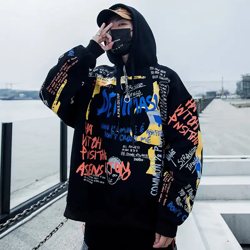 Men Hip Hop Graffiti Hoodie Sweatshirt Harajuku Streetwear Hooded Pullover Cotton Autumn Winter 2020 Print Graphic Hoodie Black Hoodies Sweatshirts Aliexpress