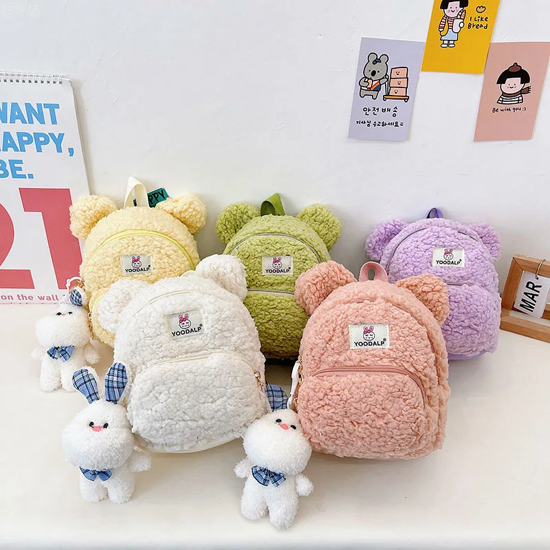 Kids Cute Rabbit Pendant Girls Boys Fashion Backpack Various Colors Mini Plush Children Kawai Backpack Lamb Wool In Kindergarten