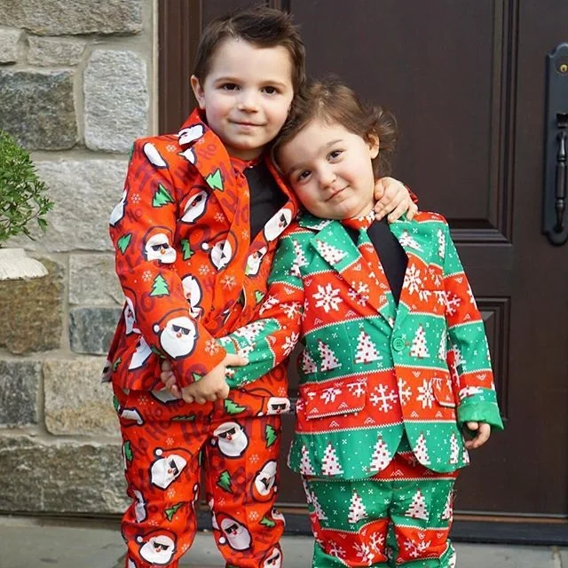 Рождественская одежда года из 3 предметов Детский Рождественский строгий костюмный блейзер для мальчиков, куртка+ штаны+ галстук, комплект джентльмена, Рождественский наряд с принтом, От 3 до 8 лет