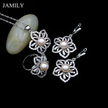 

Flower Shaped Wedding Jewelry Sets for Bridal Light Pink Freshwater Pearls White CZ Earrings/Pendant/Ring/Necklace Set