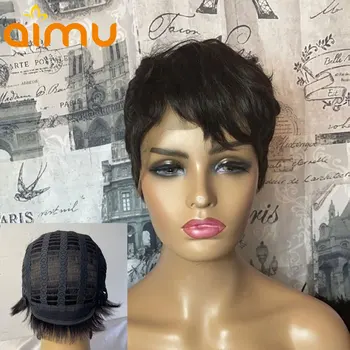 

Wavy Pixie Cut Wig with Bangs Full Machine Made Wig Short Bob Human Hair Wigs for Black Women 180% Density Remy Brazilian Hair