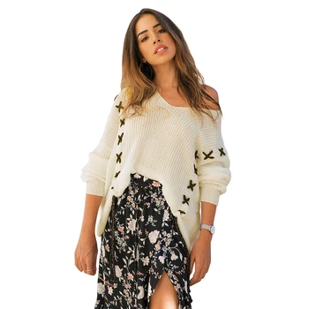 

Sweaters Pullover Off the Shoulder Women V Neck Criss Cross Long Sleeve Knit Tops Jumper Knitted Winter Casual Wool