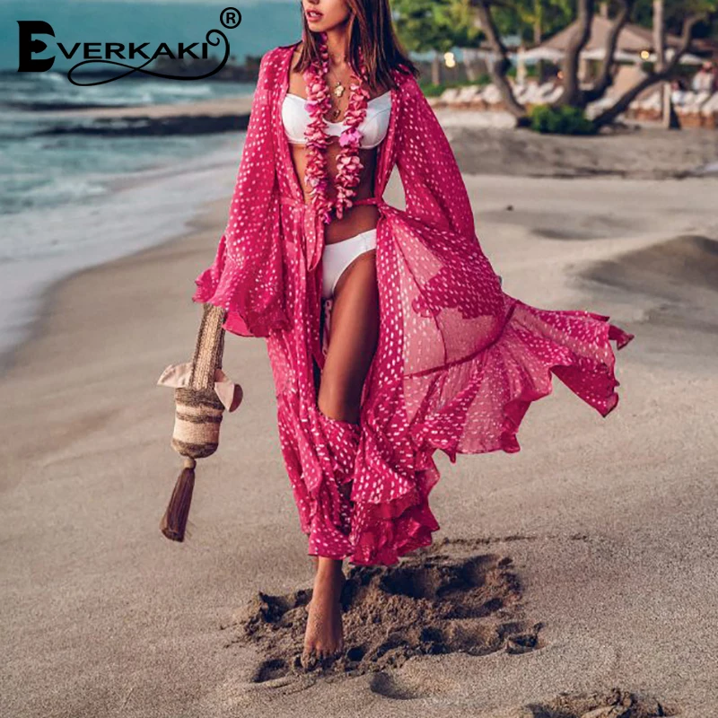 New Everkaki Kimono Coats Women Boho Print 2019 New Sashes Ruffles Loose Beach Vintage Ladies Casual Lo
