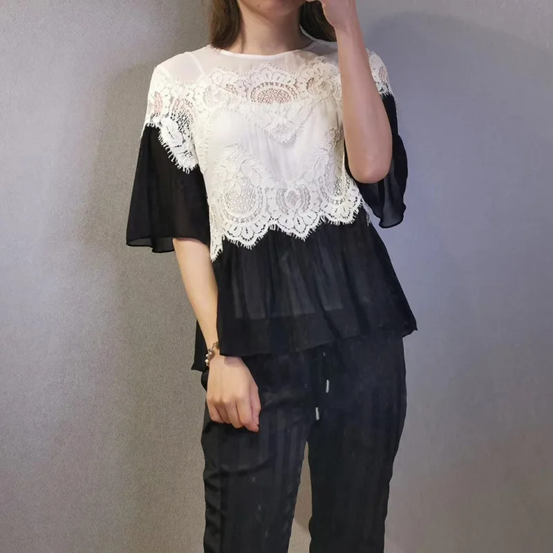 

Women Shirt 2019 Autumn New French Style Solid Color Sleeve Top Lace Panel Top