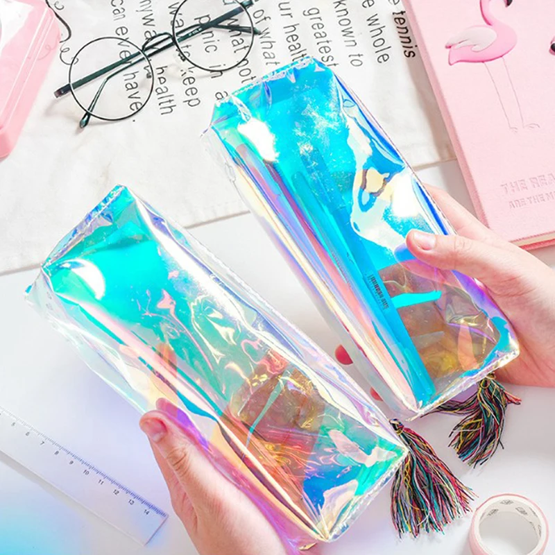 Laser Pencil Bag Iridescent Laser Pencil Case PU Leather Transparent  Hologram Holographic Pencilcase School Supplies Stationery