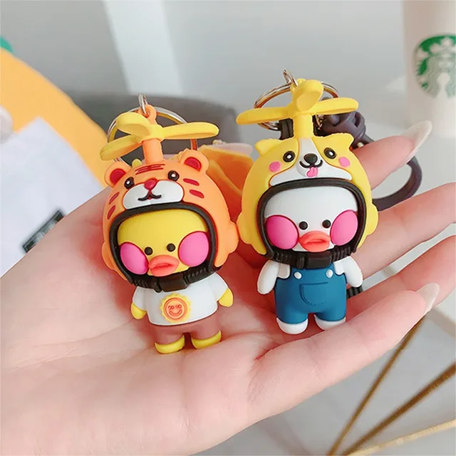 NEW Korean Lalafanfan Duck Keychain with Animal Helmet Little Yellow Duck Figure Keychains Decor Cute Ducks Doll Toys Kids Gifts 4