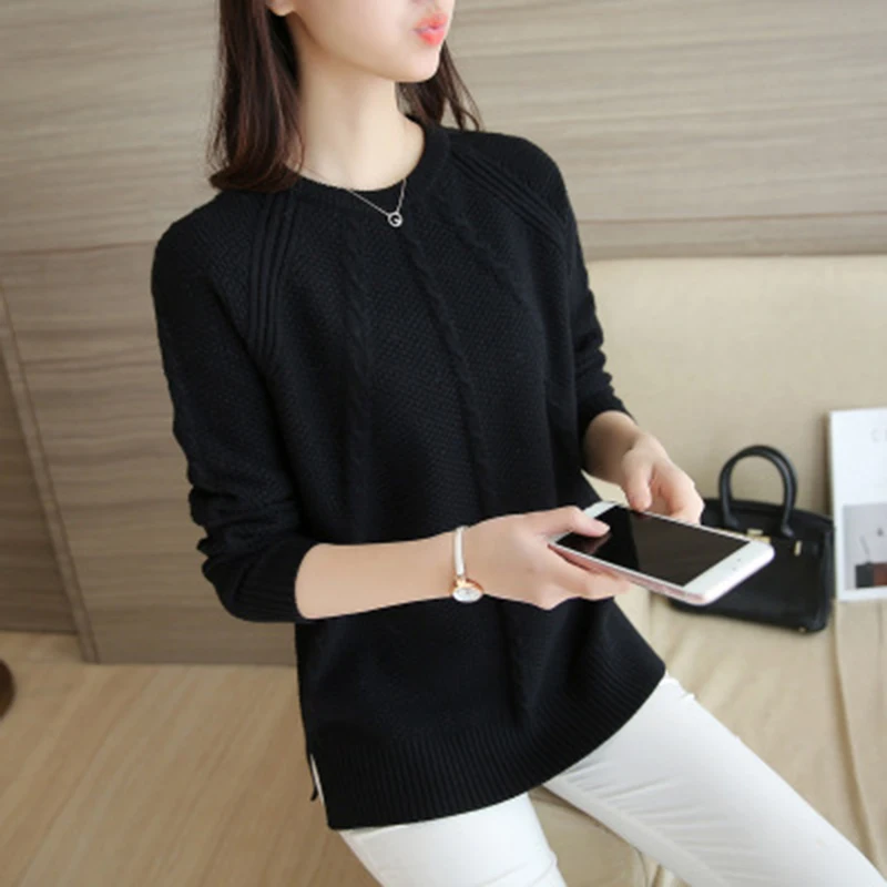 

Autumn and winter New Round Neck Loose Hood Twist Sweater Women's Temperament Slim Short Slit Sweater Long-sleeved Shirt
