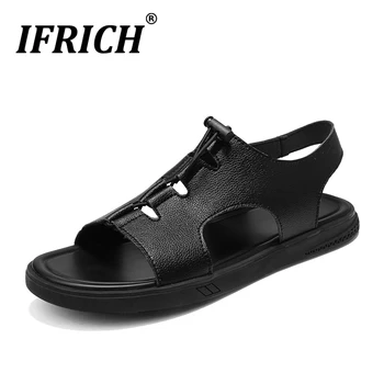 

Ifrich Summer Men Casual Shoes Brand Designer Mens Beach Sneakers Elastic Band Men Trekking Sandals Leather Flats Mens Sandals