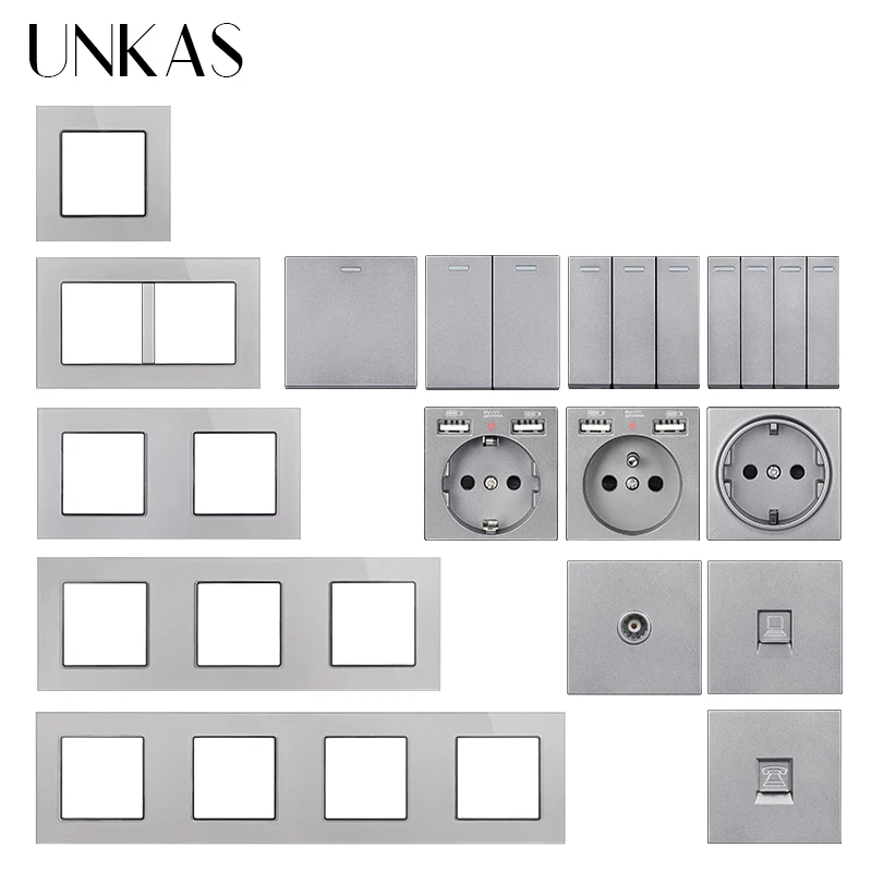 UNKAS Gray Glass Panel DIY Combination Free Matching French DE EU Socket Dual USB 1 2 3 4 Gang 1/2 Way Push Wall Button Switch |