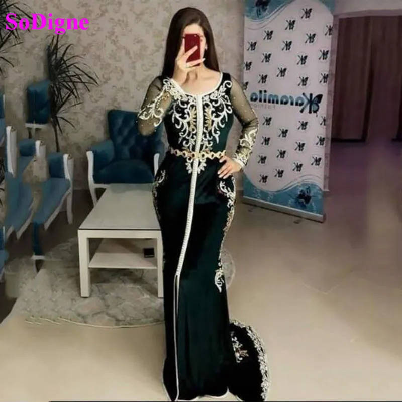 

SoDigne Moroccan Caftan formal Evening Dresses 2020 Beads Lace Appliques Hand Work Muslim Evening Gown Arabic Abaya Prom Dress