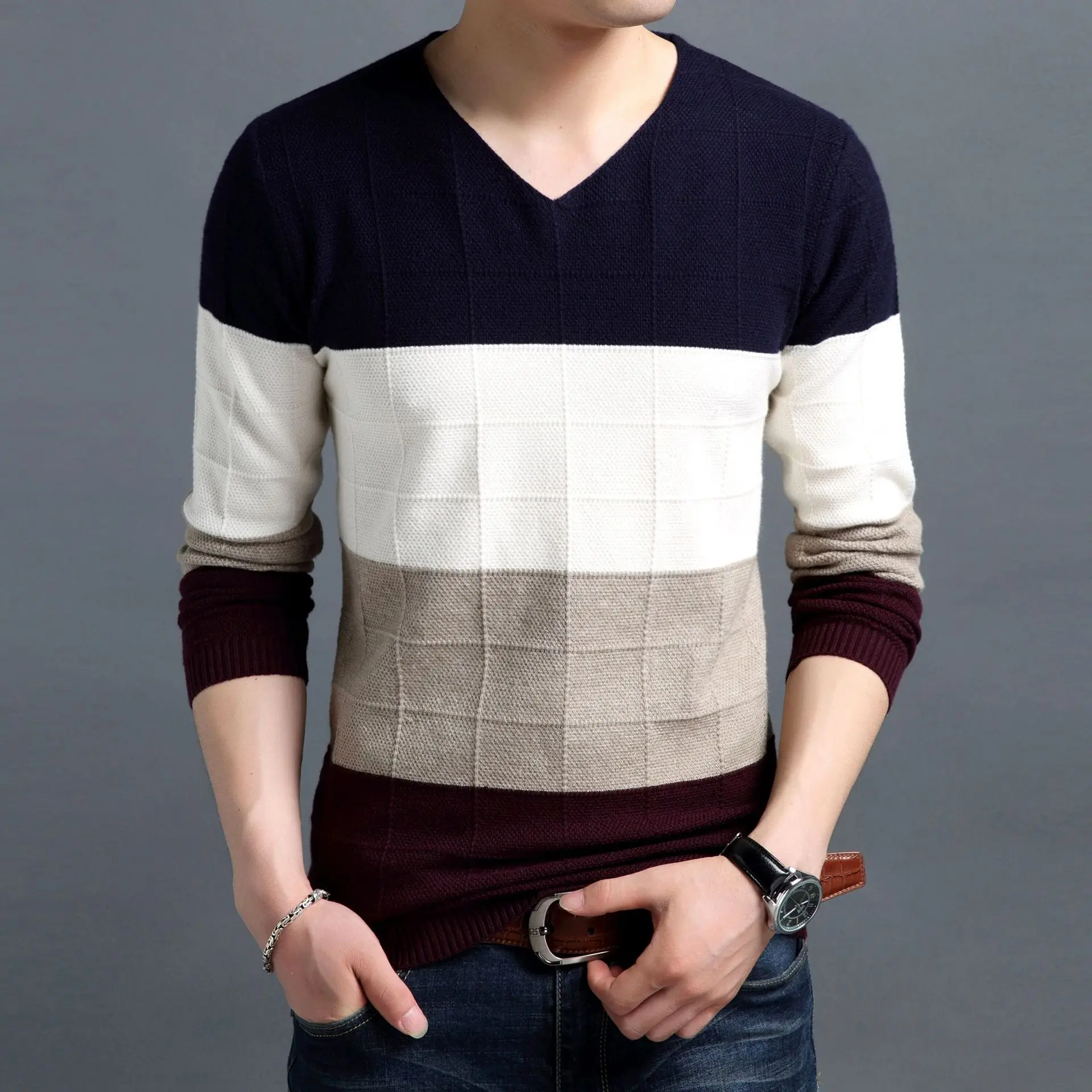 Hot Product New Sweater Men Pullover Fashion V Neck Spring Autumn Slim Fit  Knit Patchwork Striped Male Sweater Casual Jumpers Outwear Full