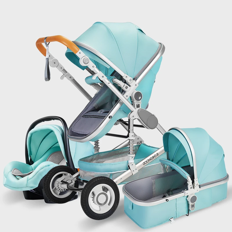 Детская коляска с высоким пейзажем, 3 в 1, популярная розовая коляска для мамы, роскошная коляска для путешествий, корзина для детской коляски, детское автокресло и коляска на колесиках - Цвет: Green with carseat