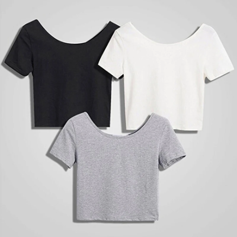 Camisetas cortas blancas mujer, Tops informales cuello redondo, de manga Tops cortos, camisetas de fondo medio desnudo para mujer 2023| - AliExpress