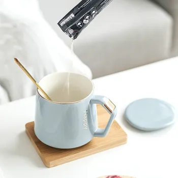 

Ceramic Milk CupMug with Lid Spoon Creative Ins Coffee Cup Laser Engraved Ceramic Cup Nordic Drinking Cup Home Gift Coffee Mug