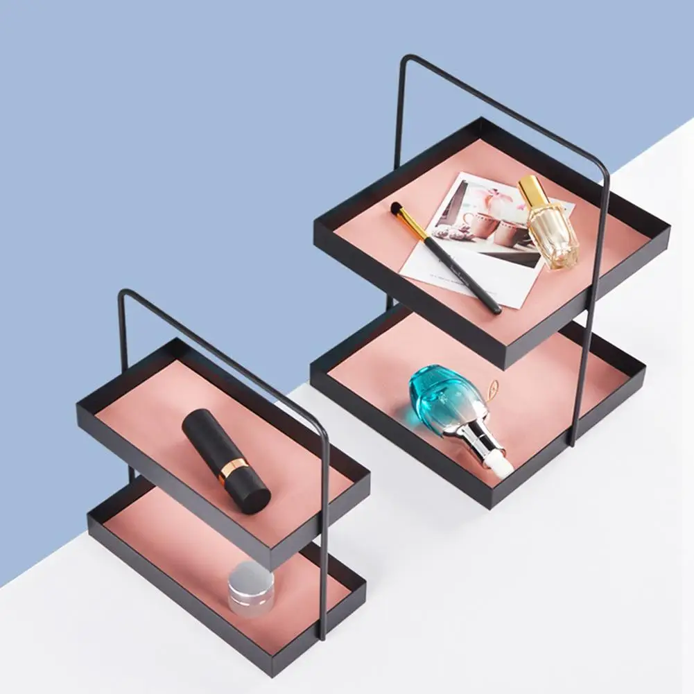 

2-layer Metal Storage Tray With Handle Jewelry Display Plate Nordic Makeup Organizer Snack Plate Home Kitchen Storage Rack