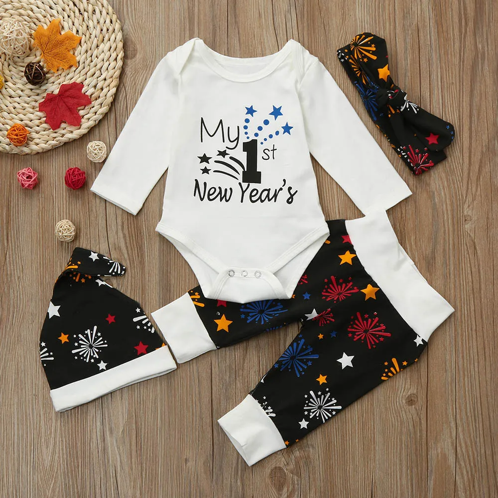 Одежда для новорожденных с надписью «my first new year» Новогодняя одежда для маленьких мальчиков и девочек комплект из комбинезона+ штанов+ головной повязки, roupa infantil