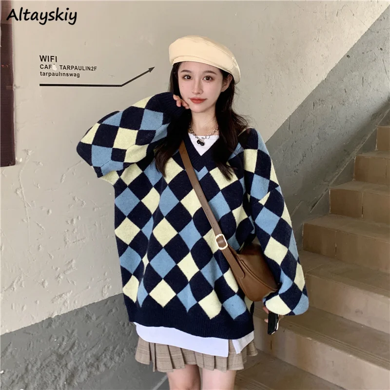 

Pullovers Women V-neck Autumn Loose All-match Argyle College Female Elegant Sweater Knitwear Casual Cozy Ins New Arrival Ulzzang