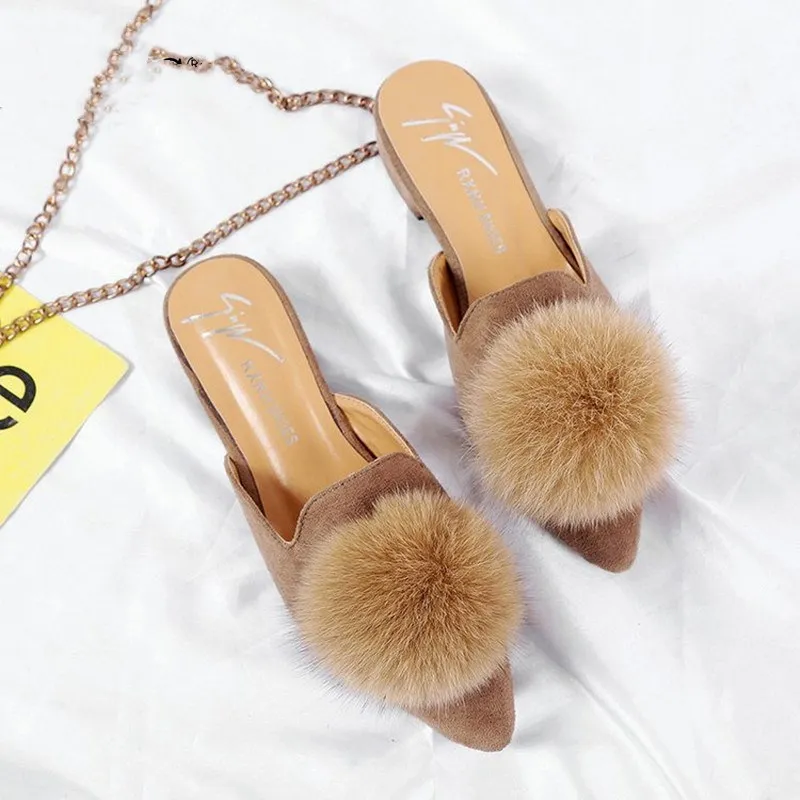 

New Women Summer Fashion Rabbit Hair Lazy Slippers Ladies Round Toe Comfortable Flat Heel Vintage Mules