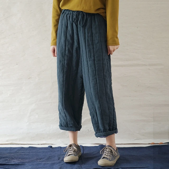 Johnature Women Winter Warm Linen Pants Elastic Waist Loose Pockets Trouser  2023 New Solid Color Patchwork Vintage Long Pants