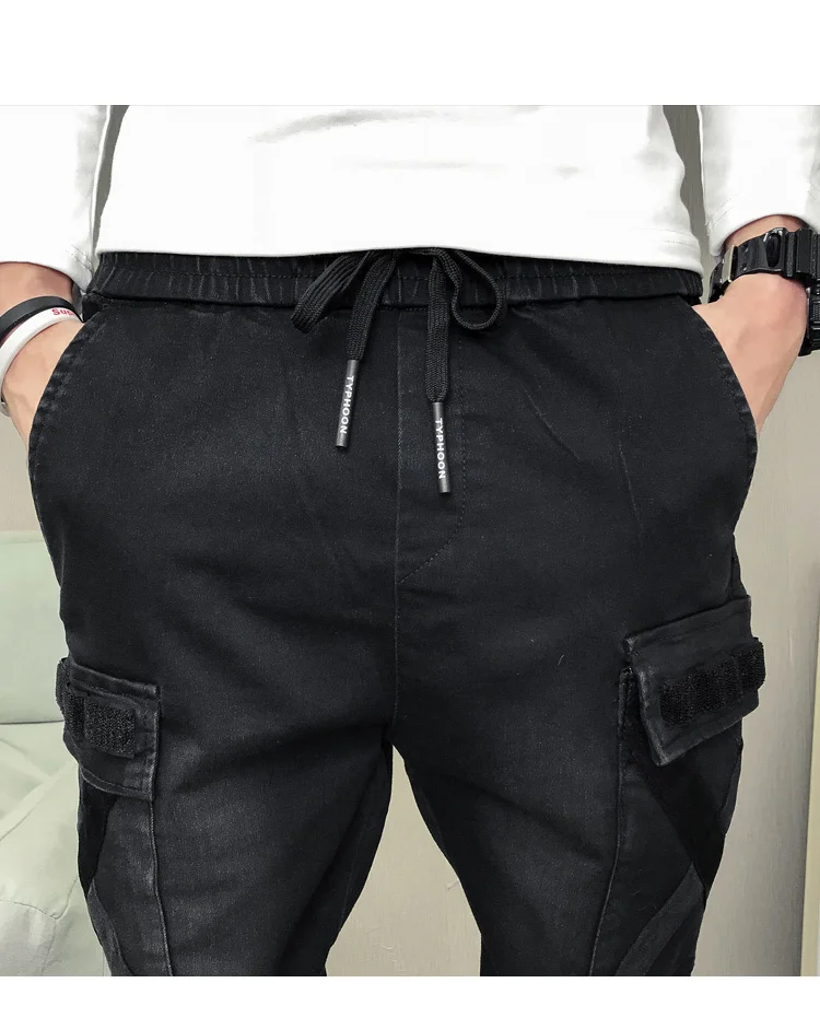 Осенние новые мужские узкие джинсы модные однотонные повседневные рабочие джинсовые брюки мужские уличные дикие хип-хоп брюки на завязке