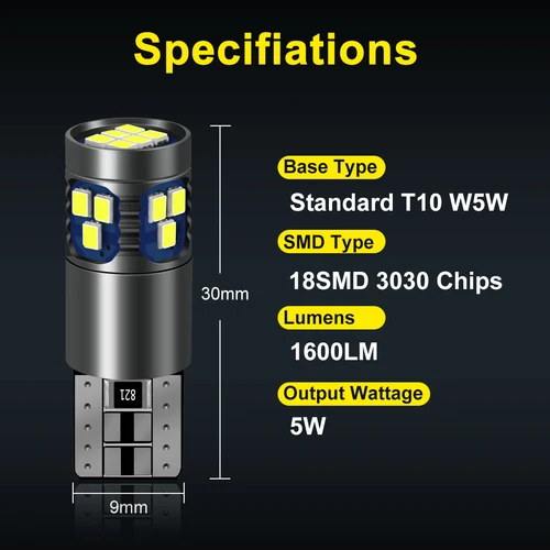 W5W LED T10 Led 전구 168 194 Canbus 또는 오류 18SMD 3030 자동차 신호등 통관 번호판 램프 6000K 화이트 12V, 2 개 3