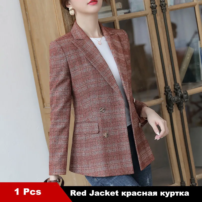 red jacket 5XL плюс Размер Женская клетчатая куртка с длинными рукавами Женский блейзер двубортный тонкий осенний Женский блейзер и куртки ow0525 - Цвет: red jacket