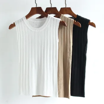 

Knit Vests Women Top O-neck Solid Tank Fashion Female Sleeveless Casual Thin Tops 2020 Summer Knitted Woman Shirt Gilet Femme