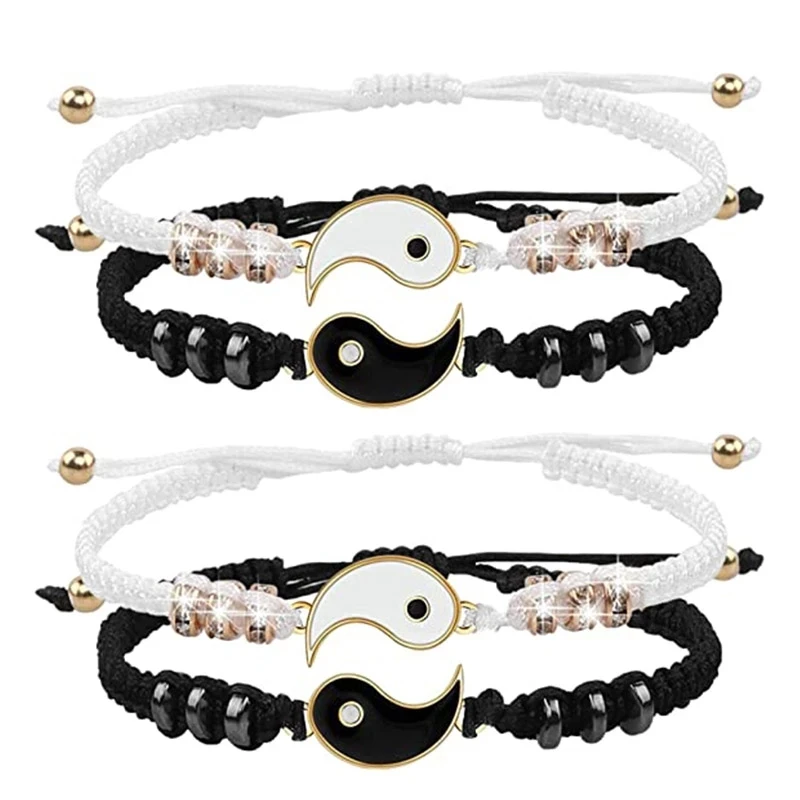 

50 Pairs Tai Chi Yin Yang Couple Bracelets Alloy Pendant Adjustable Braid Chain Bracelet Necklace Matching Lover Bracelets