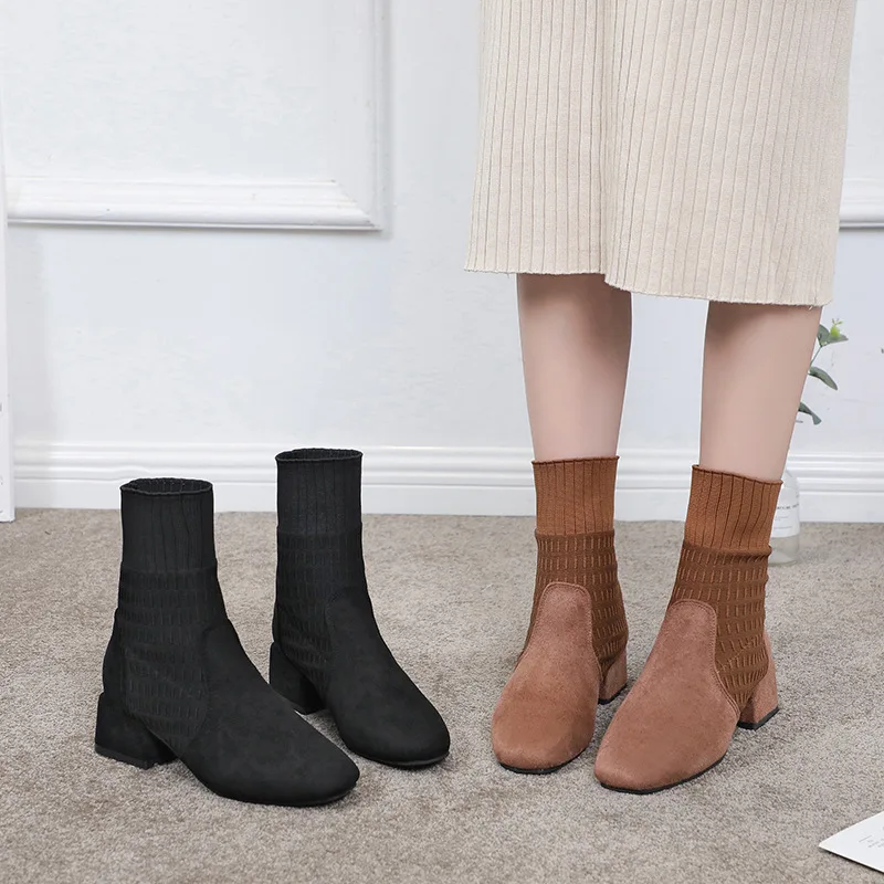 

Elasticity Martin Boots Yarn Knitted Women's 2019 New Style Korean-style Versitile Fashion Square Head Chunky Semi-high Heeled S