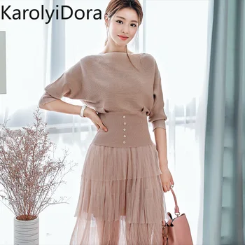 

2020 Spring Women Batwing Sleeve Slim Waist Knitted Pullover Sweater Tops + Layer Cake Mesh Midi Skirt Set Ladies Two Piece Set