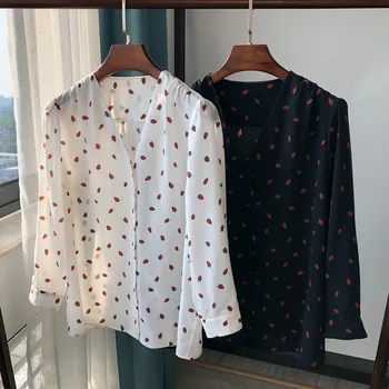 

100% Silk Cherry Printed Women Blouse Spring Summer Three Quarter Sleeve V Neck Loose Sweet Softwear Shirts and Tops