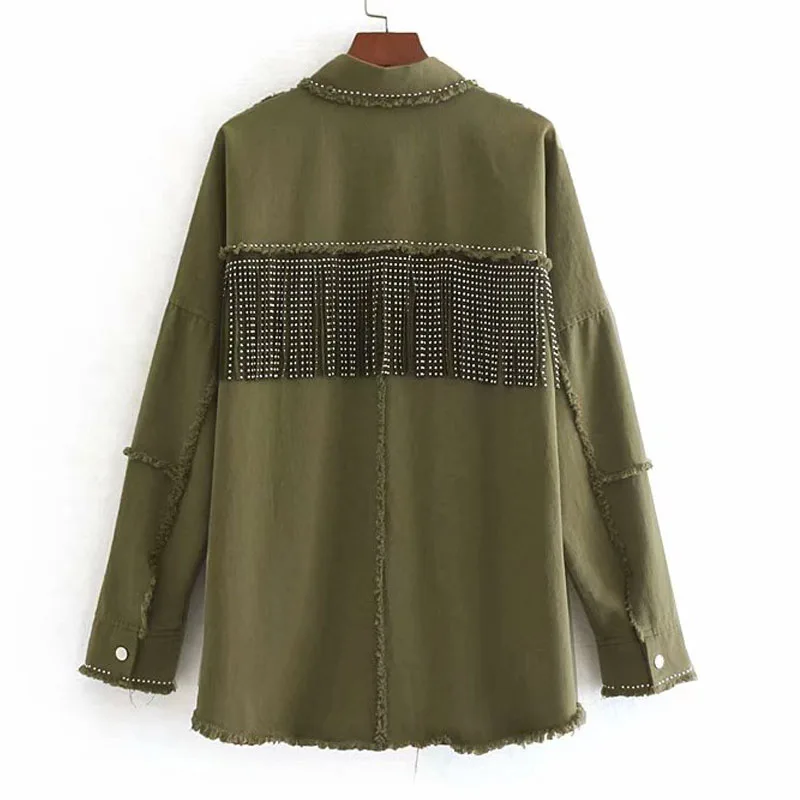 wonderful  Army Green Lapel Stylish Oversized Beading Decorate Denim Women Jacket Tassel Long Sleeve Coat Fema